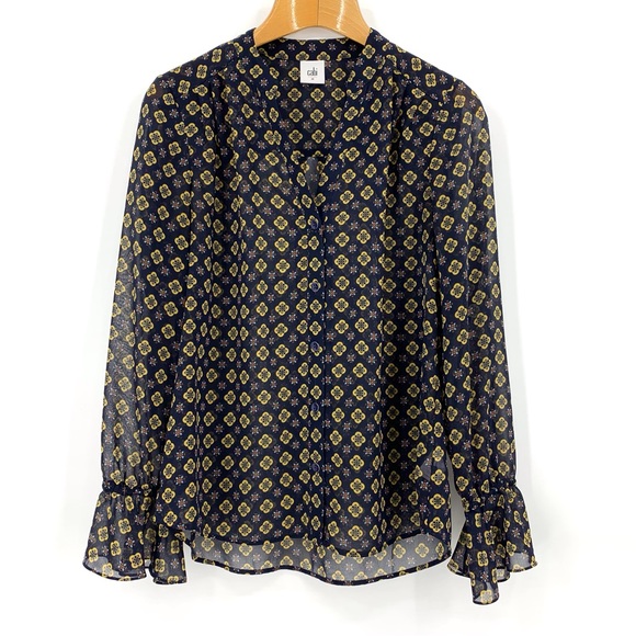 Cabi Mosaic Blouse # 3772, Medallion Print Collarless Bell Sleeve Blouse, Medium - Picture 12 of 16